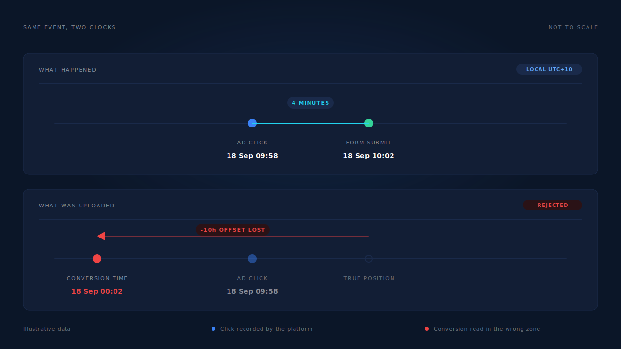 Side-by-side comparison in the PartialLeads dashboard style: a rejected Google Ads conversion row showing a bare timestamp read in the account time zone against the same event carrying an explicit UTC offset, with the click time above it and a red rejected chip beside the first