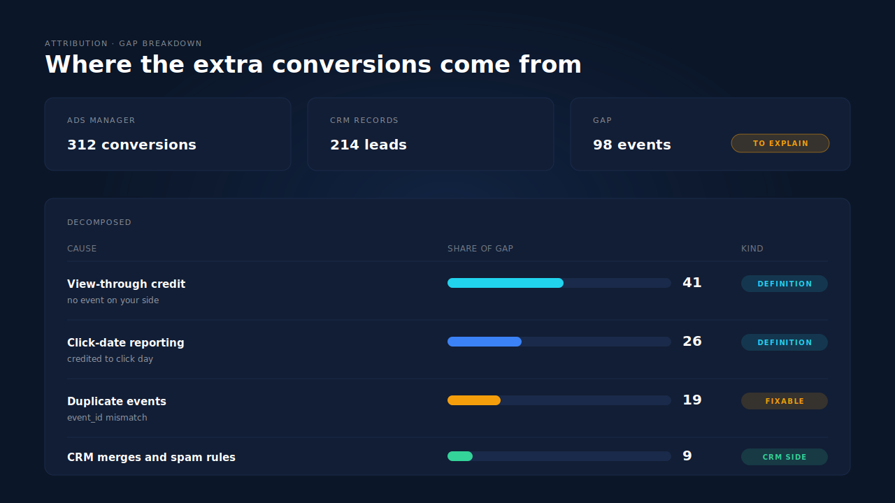 Dashboard mockup decomposing a 98-event gap between Ads Manager and a CRM into four bars — view-through credit, click-date reporting, duplicate events and CRM merges — each tagged as a definition difference, a fixable duplicate, or a CRM-side effect