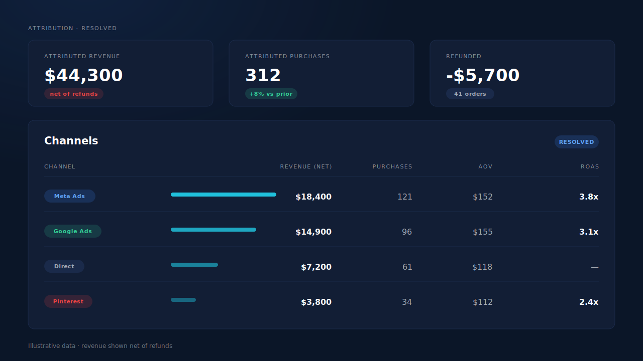 PartialLeads Attribution report channels table showing net revenue, purchases, AOV and ROAS per channel after refunds are netted