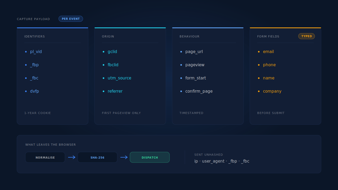 Dark dashboard mockup of a tracking tag payload inventory: four labelled columns for identifiers, origin, behaviour and typed form fields, each listing the field names a capture request carries, with a hashed-before-dispatch pill on the right