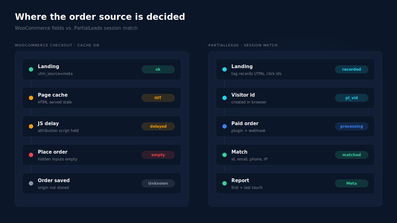 Two checkout paths compared: on the left a cached checkout page serves frozen HTML, the attribution script is delayed, the hidden fields go out empty and the WooCommerce order is saved as Unknown; on the right the PartialLeads tag recorded the visitor's source on landing and the paid order is matched back to that session